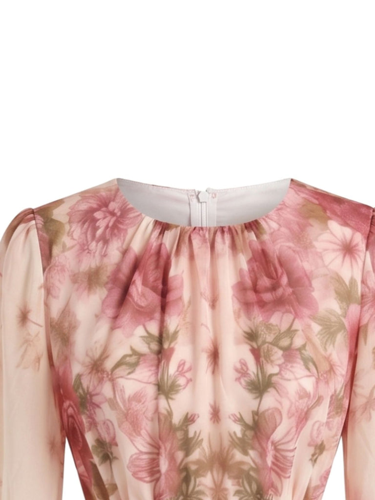 Robe rose en mousseline florale à manches lanternes années 1970