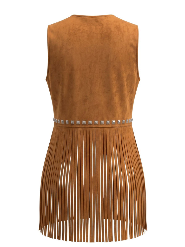 Gilet marron en daim à clous, franges et rivets sans manches années 1960