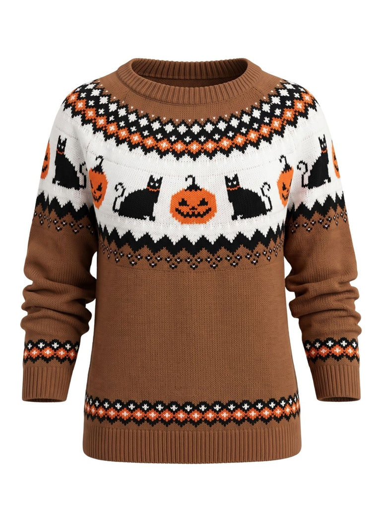 Pull marron rayé en maille à imprimé citrouilles et chats d’Halloween années 1940