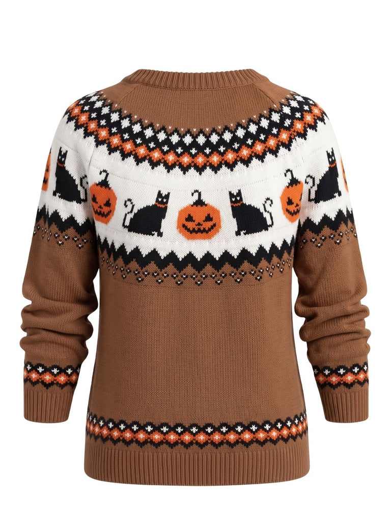Pull marron rayé en maille à imprimé citrouilles et chats d’Halloween années 1940