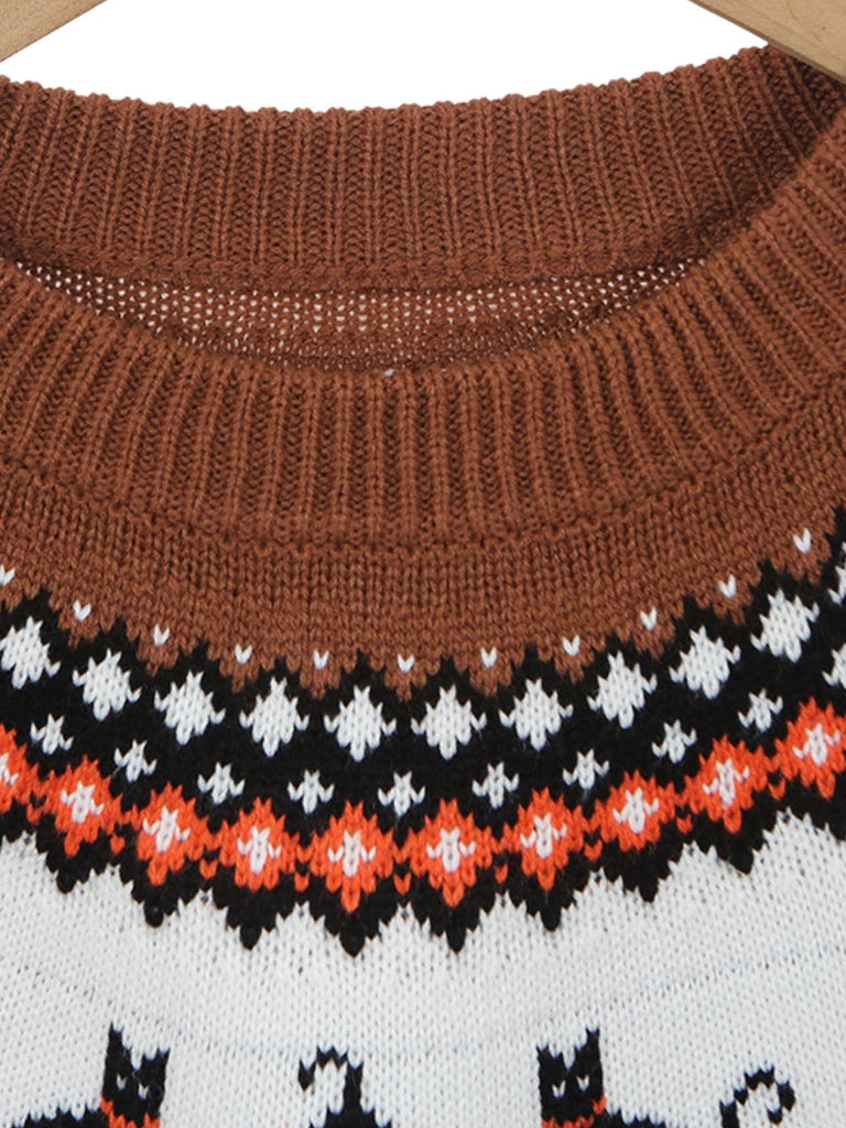 Pull marron rayé en maille à imprimé citrouilles et chats d’Halloween années 1940