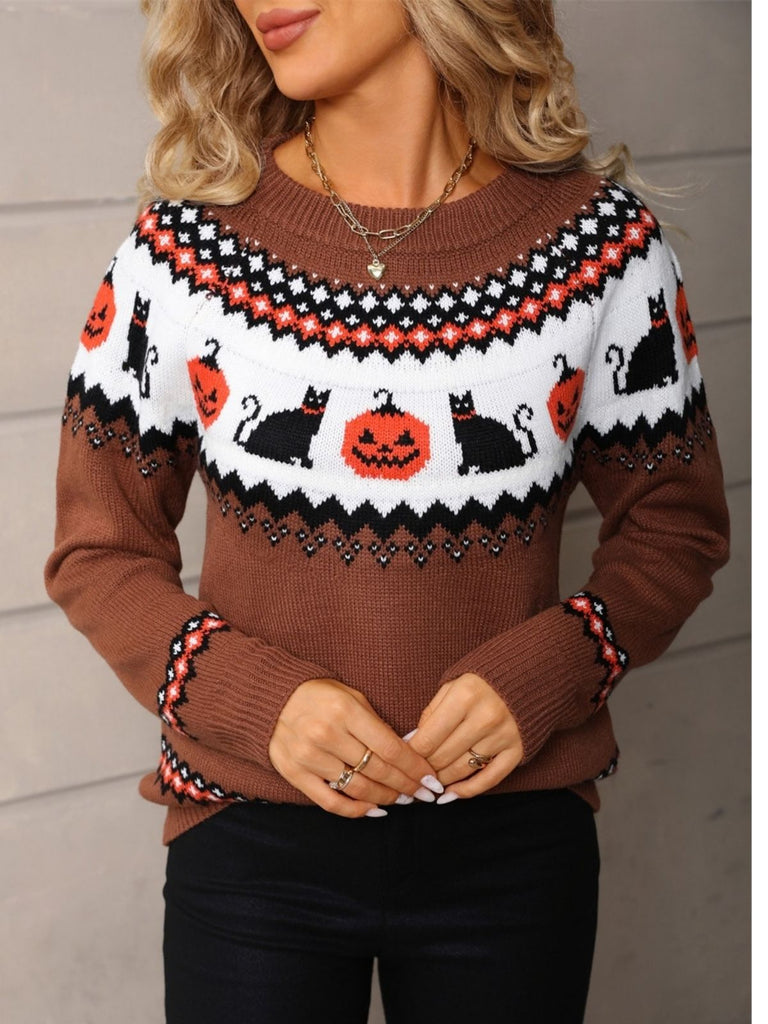 Pull marron rayé en maille à imprimé citrouilles et chats d’Halloween années 1940