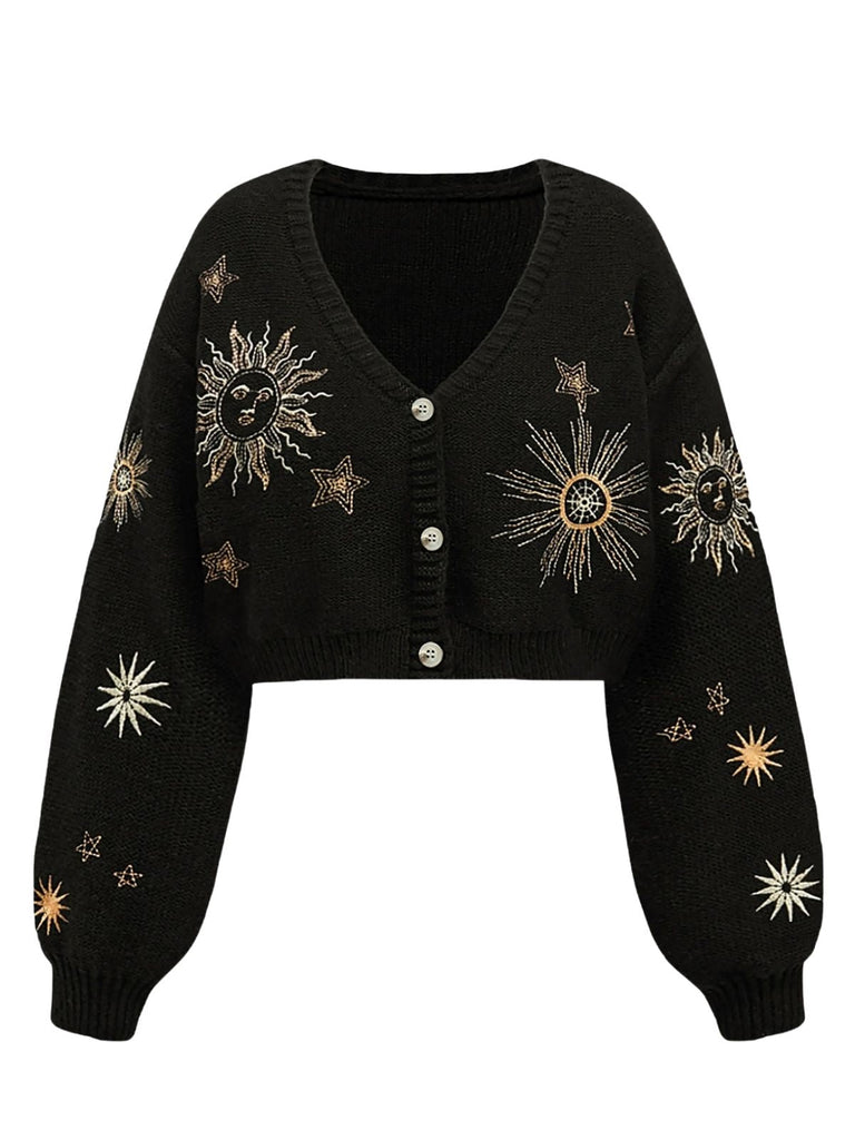 Cardigan court en maille brodée soleil et étoiles années 1960