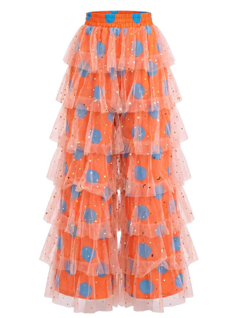 Pantalon disco orange en tulle à pois et volants superposés années 1970