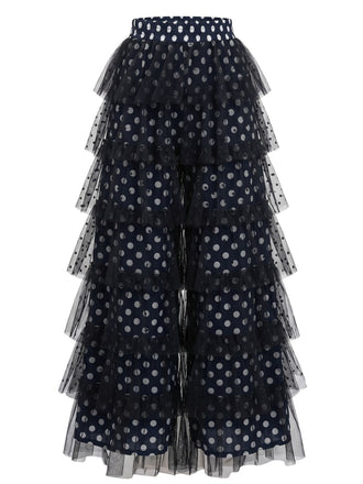 Pantalon noir en tulle à pois et volants étagés années 1960