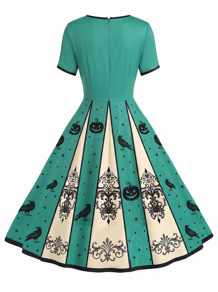 [Prévente] Robe turquoise d’Halloween à corbeau, citrouille et style steampunk années 1950