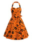 [Prévente] Robe évasée orange dos nu motifs citrouille chauve-souris et toile d'araignée années 50