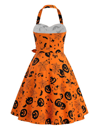 [Prévente] Robe orange évasée à citrouilles, chauves-souris, toiles d’araignée et dos nu Halter années 1950
