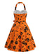[Prévente] Robe orange évasée à citrouilles, chauves-souris, toiles d’araignée et dos nu Halter années 1950