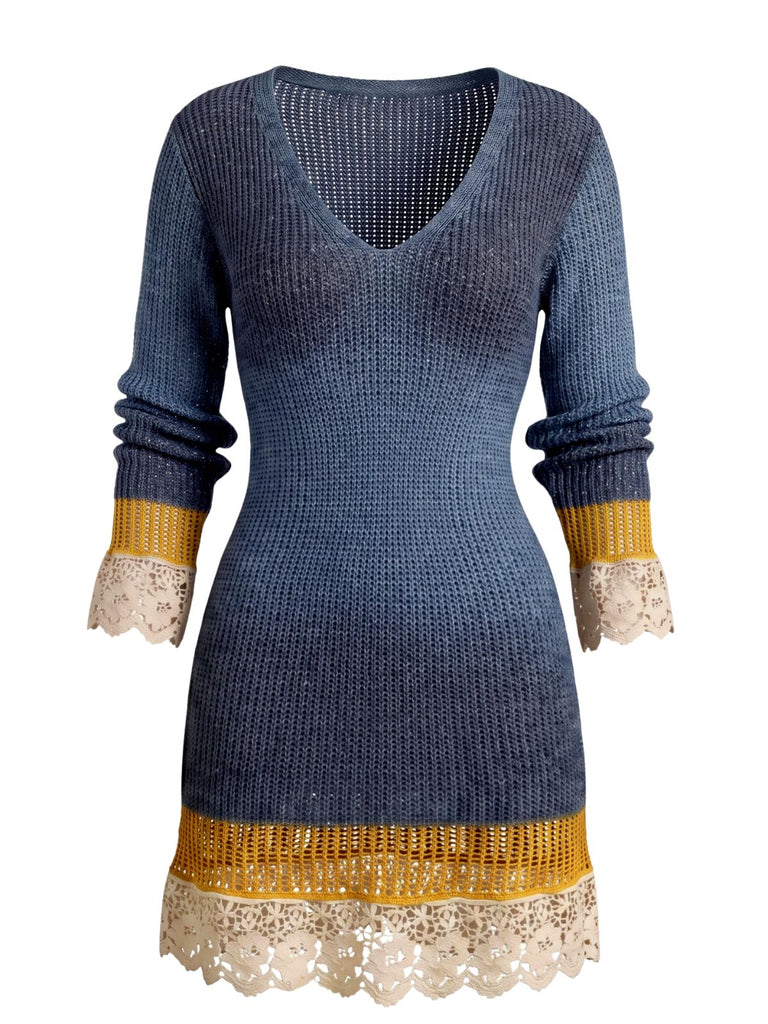 Robe courte bleue en maille à col V et bordures en dentelle contrastée années 1960 - 1