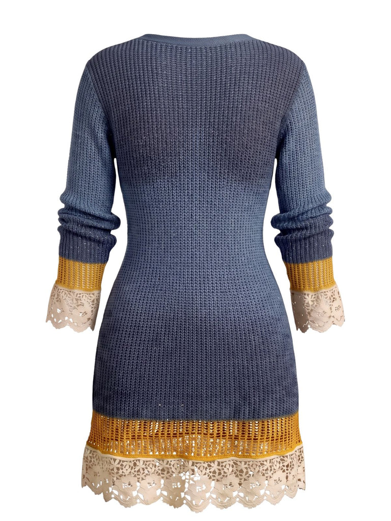 Robe courte bleue en maille à col V et bordures en dentelle contrastée années 1960 - 2