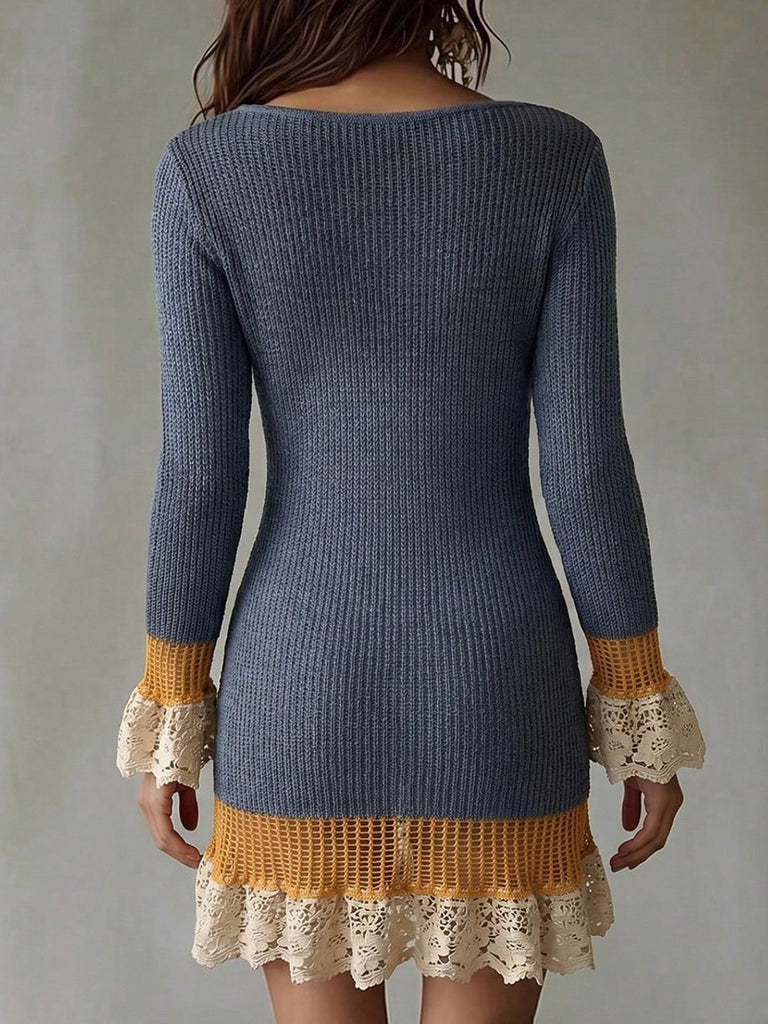 Robe courte bleue en maille à col V et bordures en dentelle contrastée années 1960 - 4