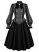 [Prévente] Robe noire à fines rayures, col montant et manches évêque années 1950