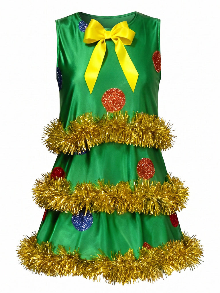 Robe évasée verte sans manches à sapin de Noël et guirlandes années 1970 - 1