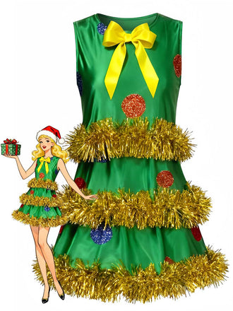 Robe trapèze sans manches verte effet guirlande de Noël années 70