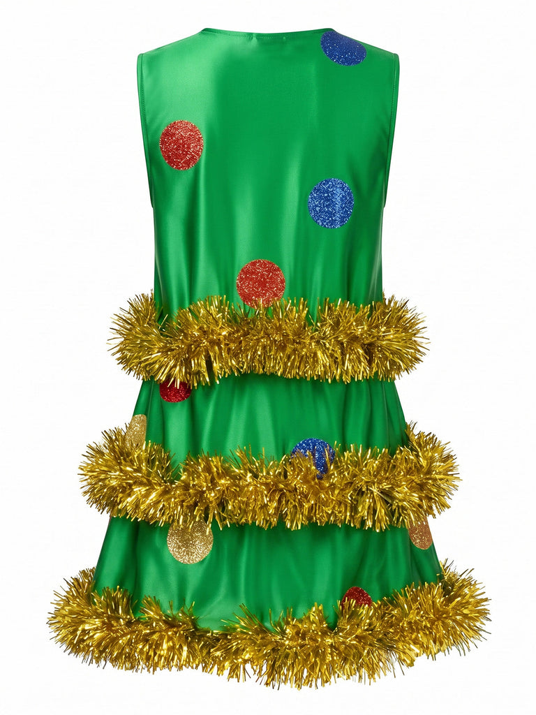 Robe évasée verte sans manches à sapin de Noël et guirlandes années 1970 - 2