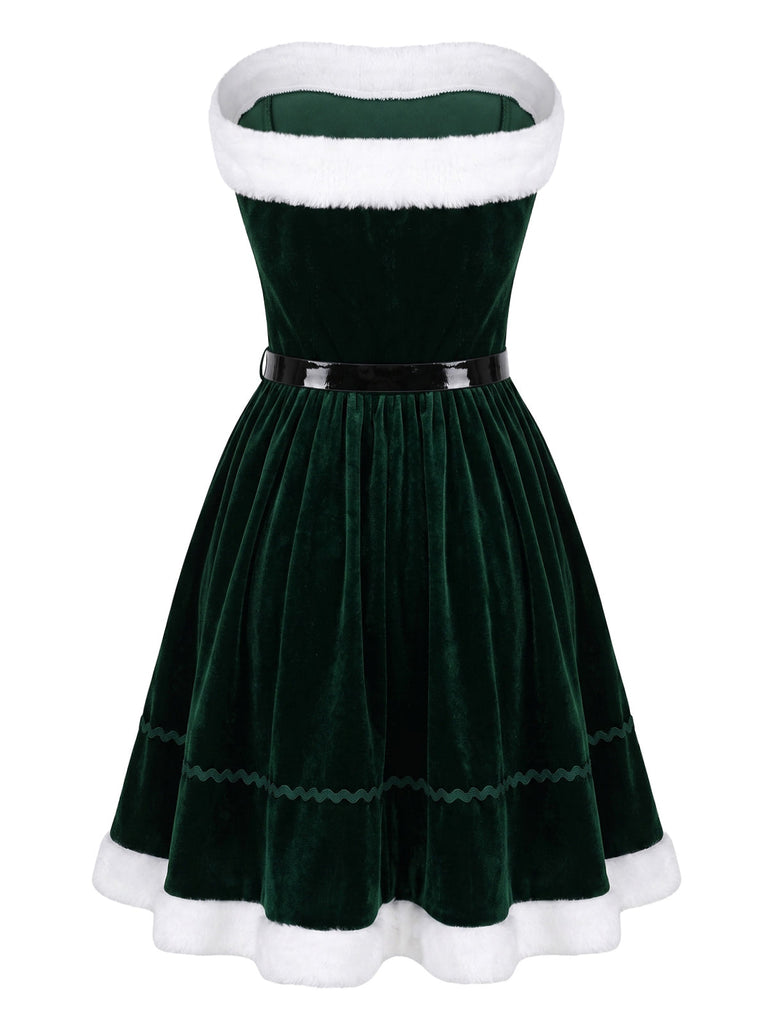 Ensemble robe bustier et cape de Noël en velours vert Années 1950 - 2