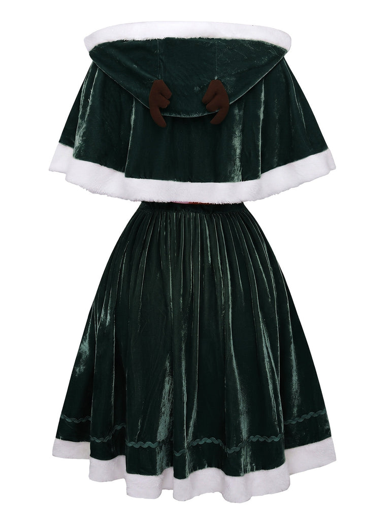 Ensemble robe bustier et cape de Noël en velours vert Années 1950 - 5