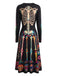 Robe midi à imprimé crânes, squelettes et fleurs, manches longues années 1940 - 4