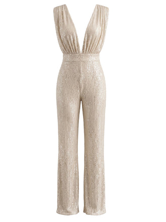 Combinaison champagne à sequins, décolleté V plongeant et jambes larges années 1980 - 1