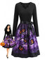 Robe violette d’Halloween à citrouilles encolure pétale et nœud à la taille Années 1950