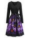Robe violette d’Halloween à citrouilles, encolure pétale et nœud à la taille Années 1950 - 2