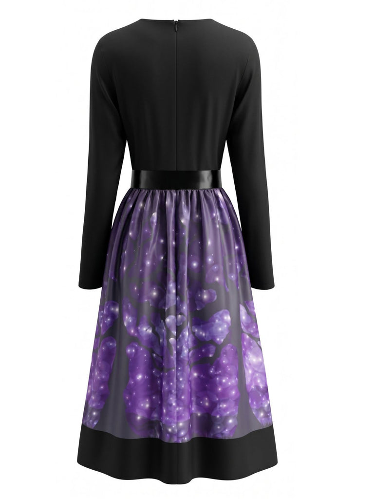Robe violette d’Halloween à citrouilles, encolure pétale et nœud à la taille Années 1950 - 3