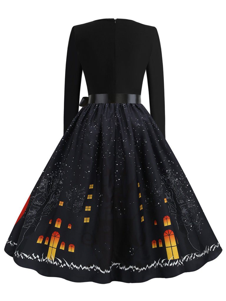 Robe évasée orange d’Halloween à col pétale et manches longues années 1950