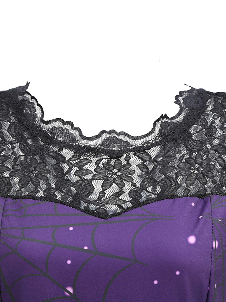 Robe évasée violette d’Halloween à chats et citrouilles, en dentelle années 1950
