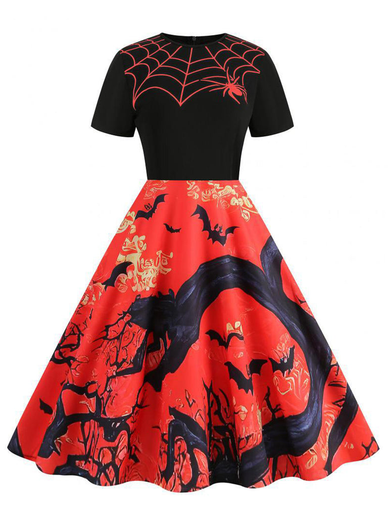 Robe évasée d’Halloween à imprimé toiles d’araignée et citrouilles années 1950