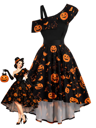 [Prévente] Robe noire d’Halloween asymétrique à citrouilles et chauves-souris années 1950