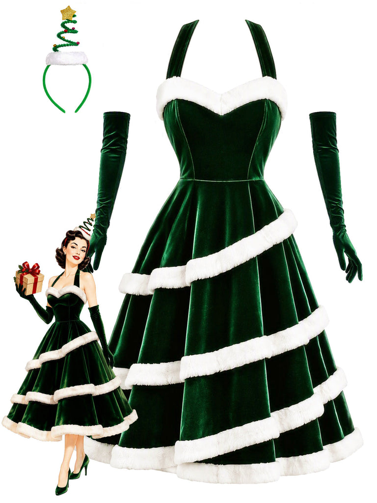 [Prévente] Robe trapèze verte en velours à motif sapins de Noël Années 1950 - 2