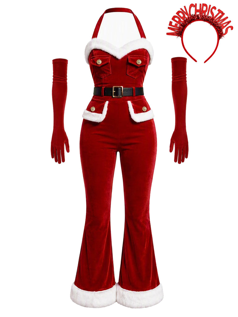 [Prévente] Combinaison évasée rouge en velours style utilitaire de Noël Années 1960 - 1