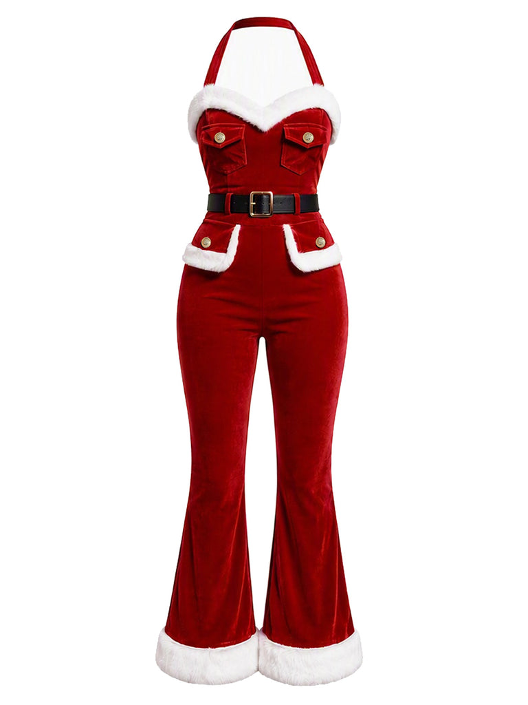 [Prévente] Combinaison évasée rouge en velours style utilitaire de Noël Années 1960 - 3