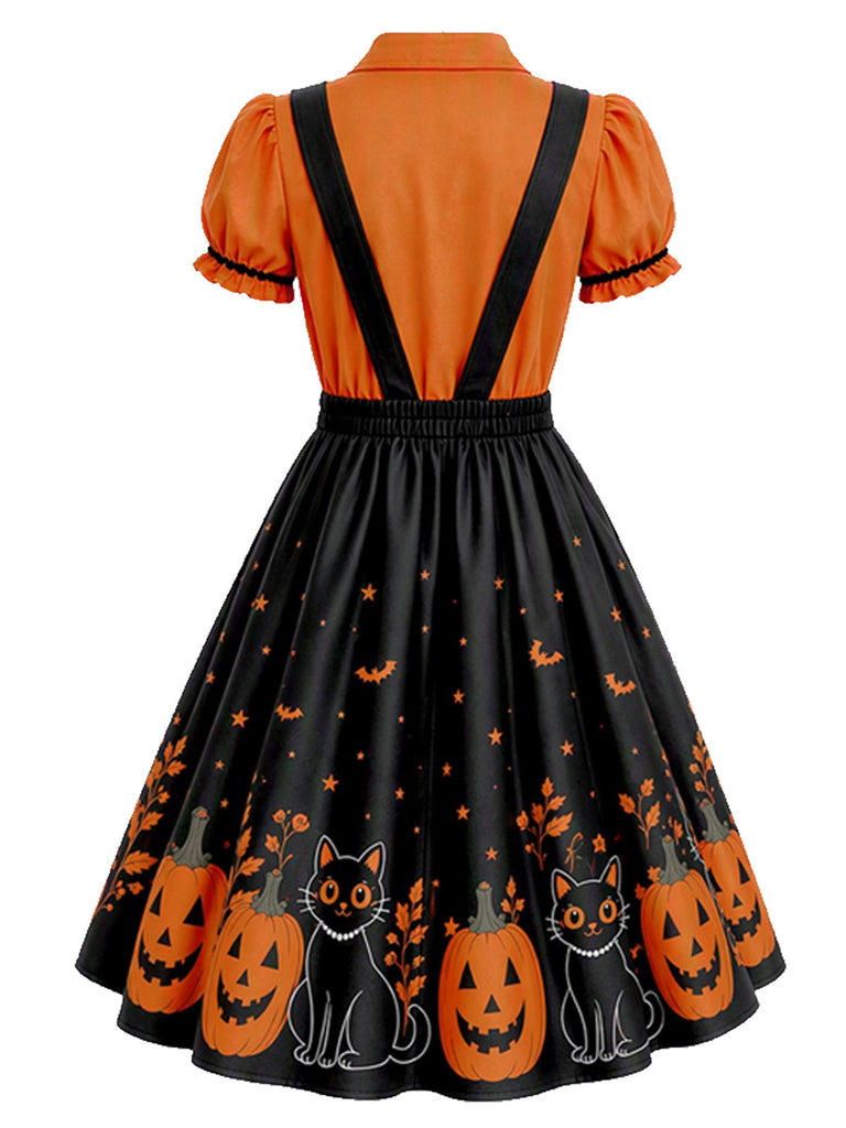 [Prévente] Robe évasée d’Halloween à imprimé citrouilles et effet faux deux-pièces années 1950