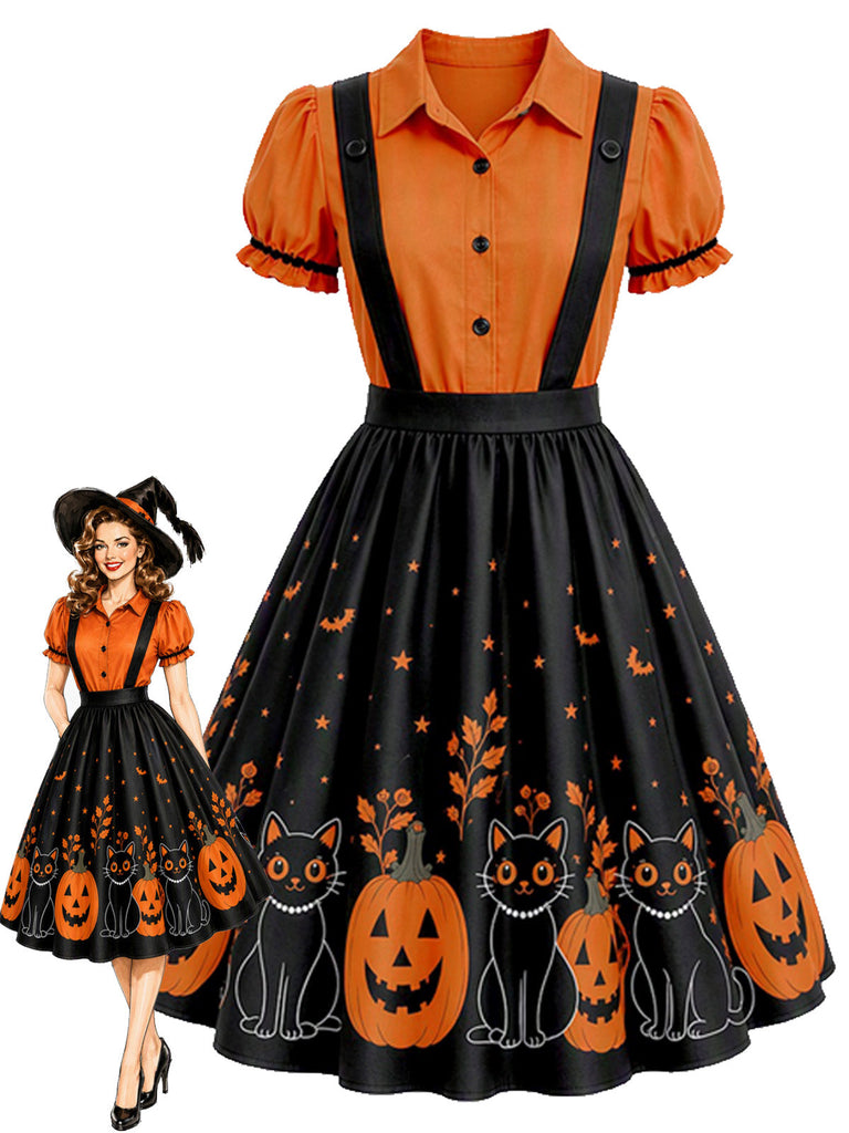 [Prévente] Robe évasée d’Halloween à imprimé citrouilles et effet faux deux-pièces années 1950