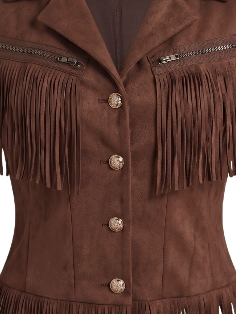 Veste western marron à franges en suédine années 1970