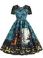Robe bleu paon évasée dentelle motif Halloween années 50