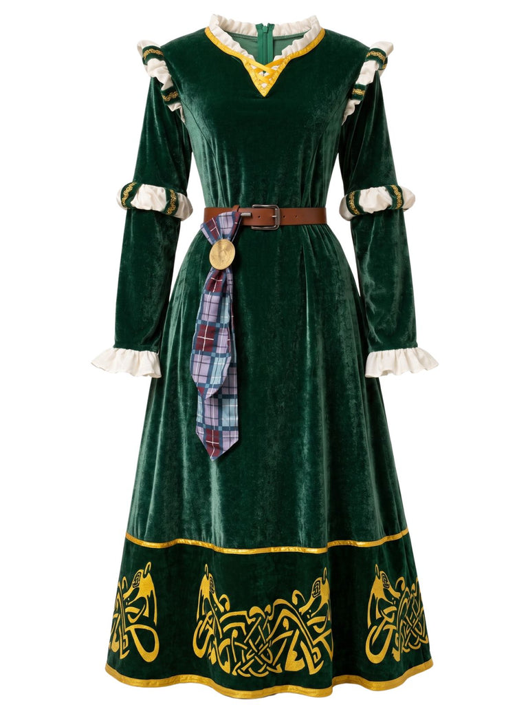 Robe médiévale verte en velours brodé avec ceinture années 1940