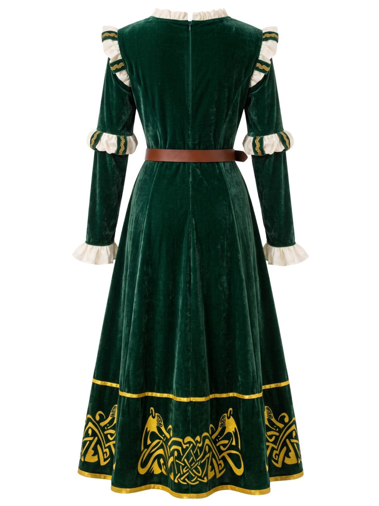 Robe médiévale verte en velours brodé avec ceinture années 1940