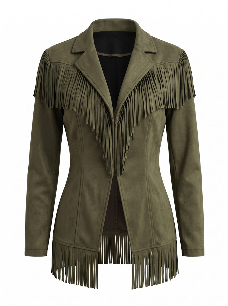 Veste à franges en suédine, col cranté et manches longues années 1950 - 1