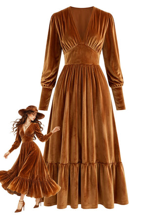 Robe en velours froncé à décolleté V profond et poignets ajustés Années 1970 - 1