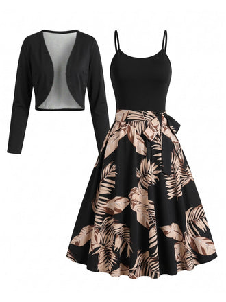 Ensemble robe dorée à imprimé palmiers, fines bretelles et nœud à la taille avec boléro Années 1950 - 2