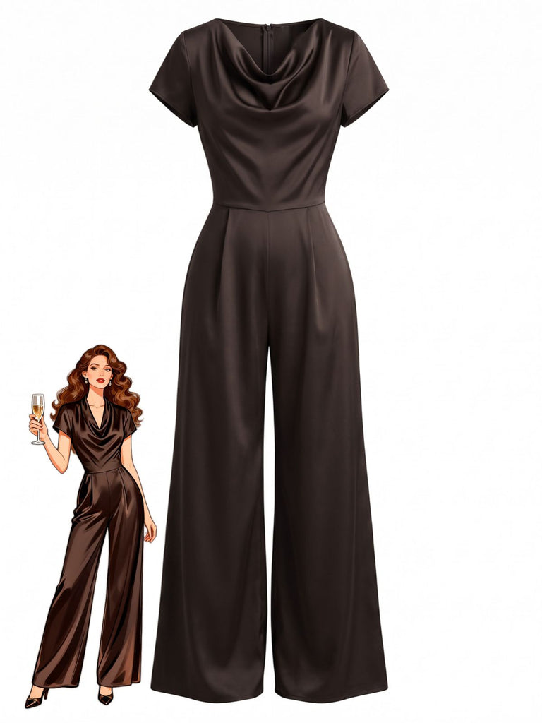 Combinaison marron foncé en satin à col drapé et jambes larges années 1950