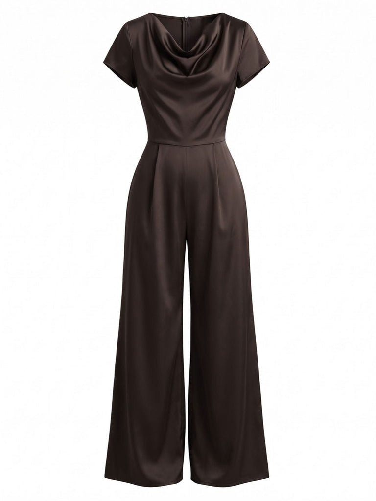 Combinaison marron foncé en satin à col drapé et jambes larges années 1950