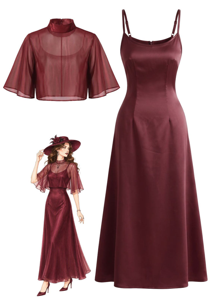 Ensemble robe à fines bretelles et châle en satin uni lie-de-vin Années 1940 - 1
