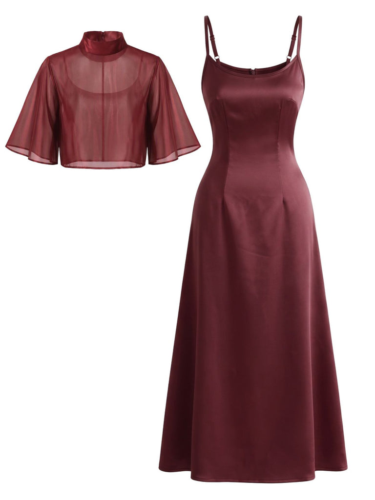 Ensemble robe à fines bretelles et châle en satin uni lie-de-vin Années 1940 - 2