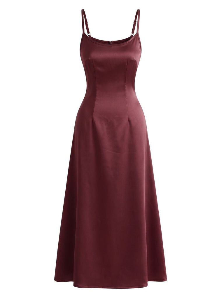Ensemble robe à fines bretelles et châle en satin uni lie-de-vin Années 1940 - 3