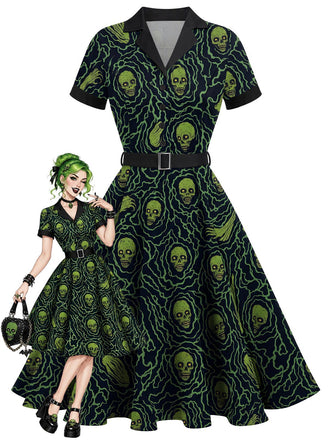 [Prévente] Robe évasée verte et noire d’Halloween à squelettes années 1950