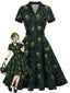 [Prévente] Robe trapèze vert et noir motif squelette pour Halloween années 50